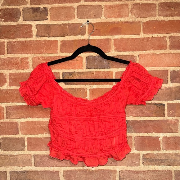Free People Tops - Red Off-Shoulder Smocked Crop Top Free People